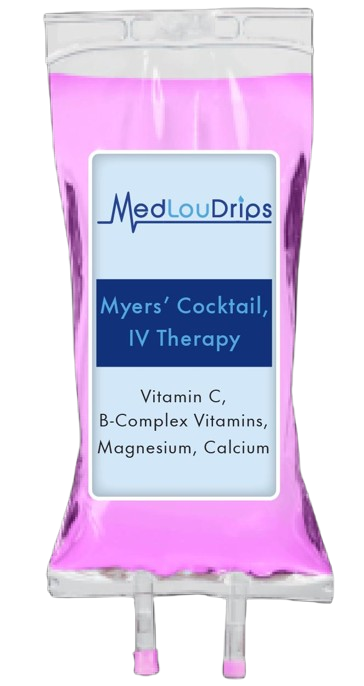 Pink IV therapy bag with a label reading 'Myers' Cocktail, IV Therapy' listing Vitamin C, B-complex vitamins, magnesium and calcium.